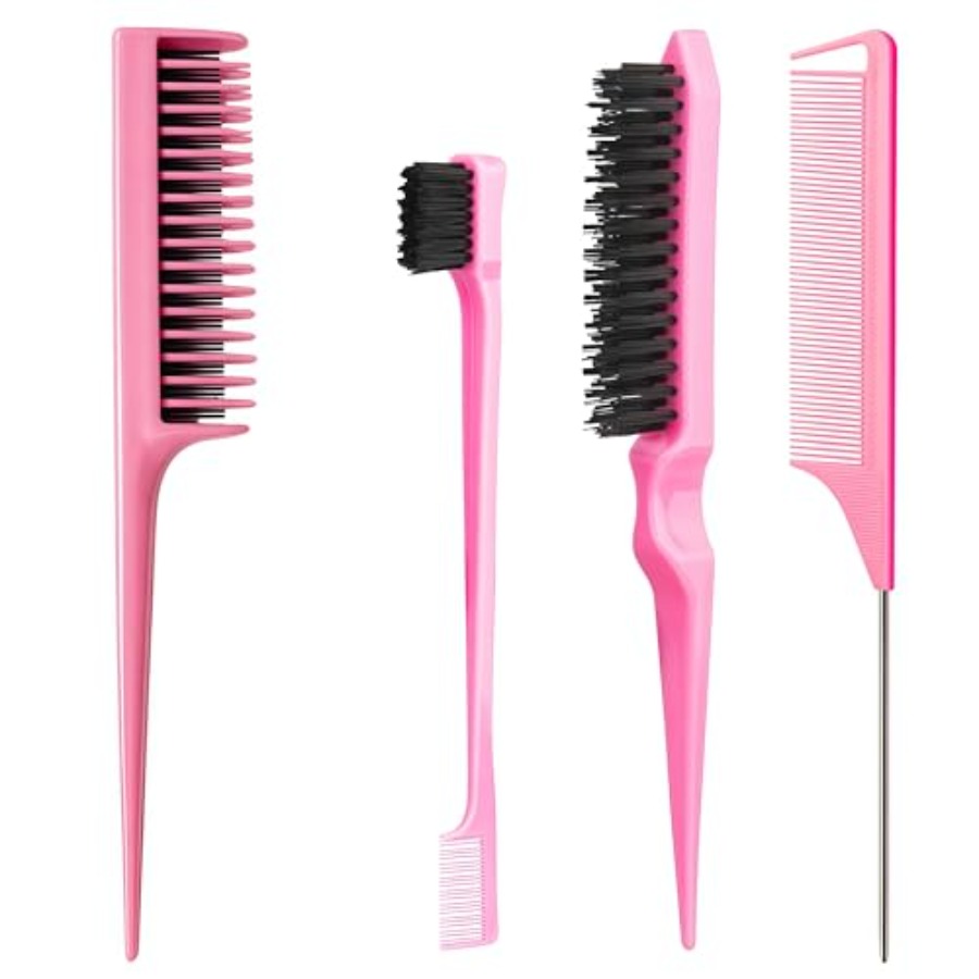 Bamboo Hair Brush - 女性と女の子のためのヘアブラシセット：ピンク4ピース3列ティーザーコーム、エッジブラシ、ラットテールコーム