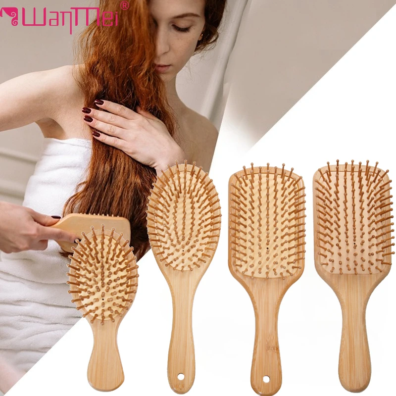 Bamboo Hair Brush - 竹製ヘアブラシ 女性用スタイリングヘアコーム ワイド歯竹製コーム ヘアスムースマッサージ頭皮ブラシ バーバーコーム