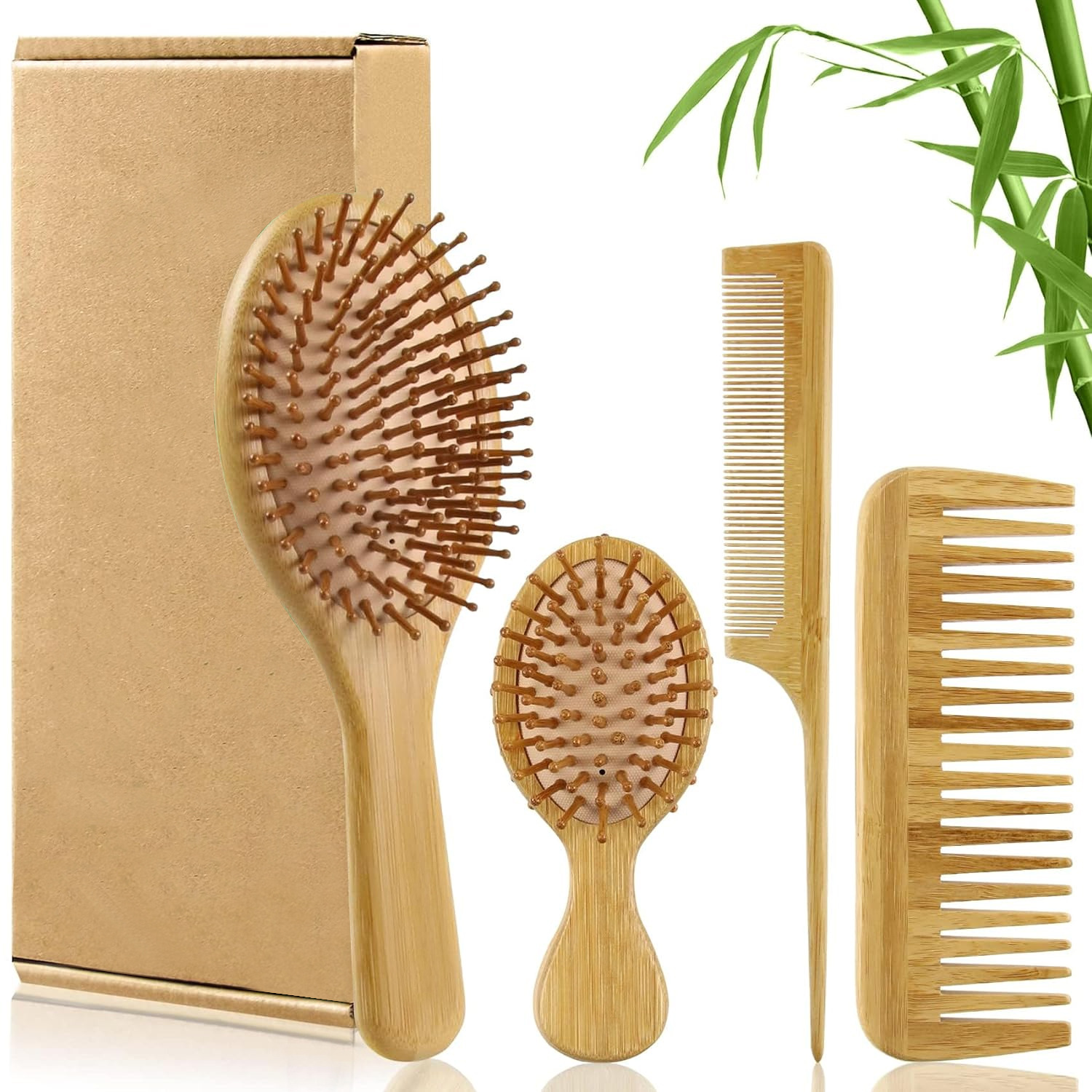 Bamboo Hair Brush - 竹製ヘアブラシコームセット（男女兼用）、木製ワイドトゥースブラシとテールコーム - ウェット・ドライ・巻き毛用パドルブラシ（もつれ解消）